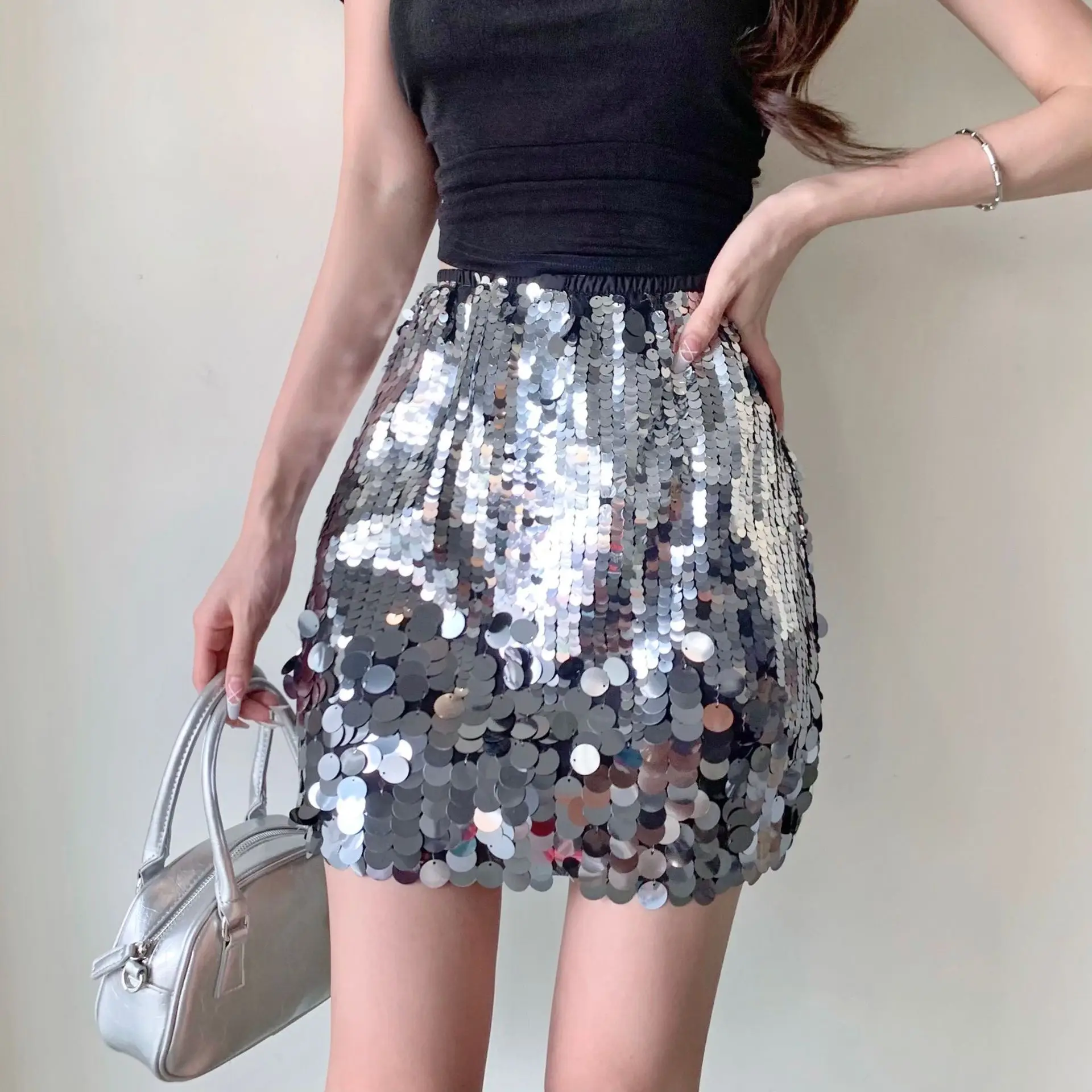 Summer Trend Gradient Color Short Skirts Shiny Sequin Women's Wrap Hip Mini Skirt Sexy Hot Girls Slim A-Line Skirts