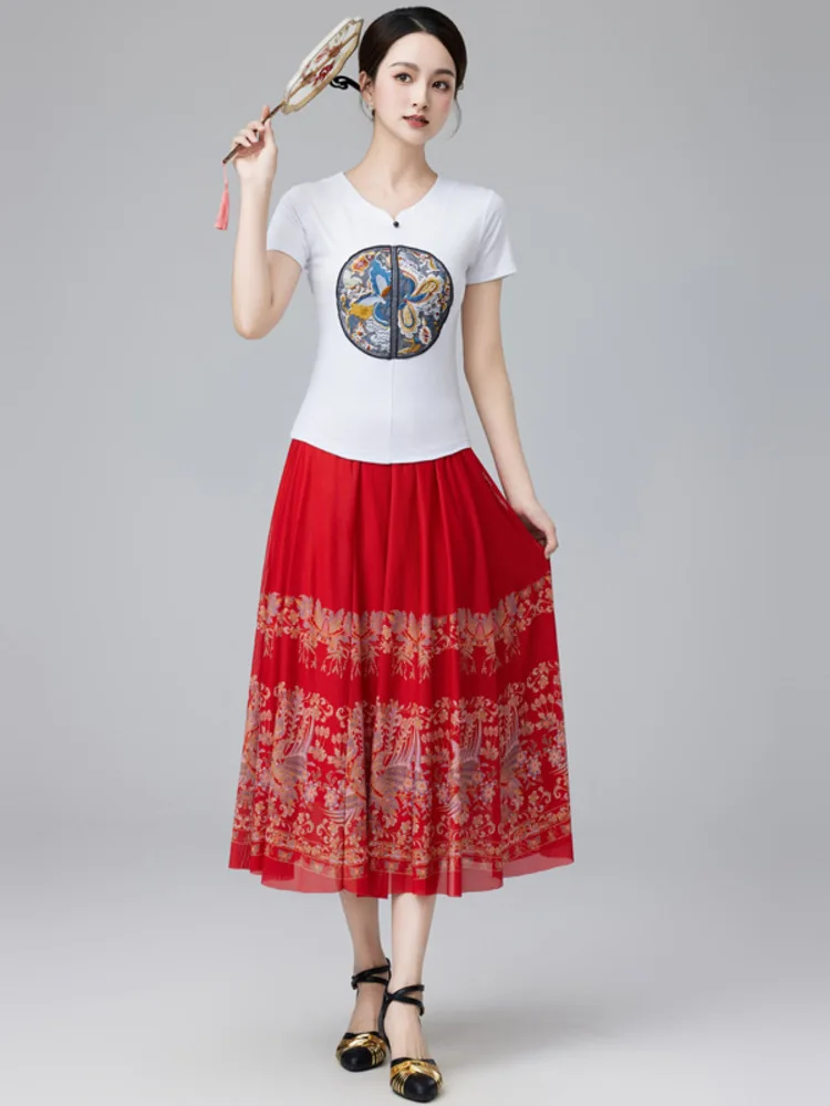 Feminino bordado decote em v manga longa topo e saia de cintura alta 2 peça conjunto traje de dança moderna palco desempenho prática outfit