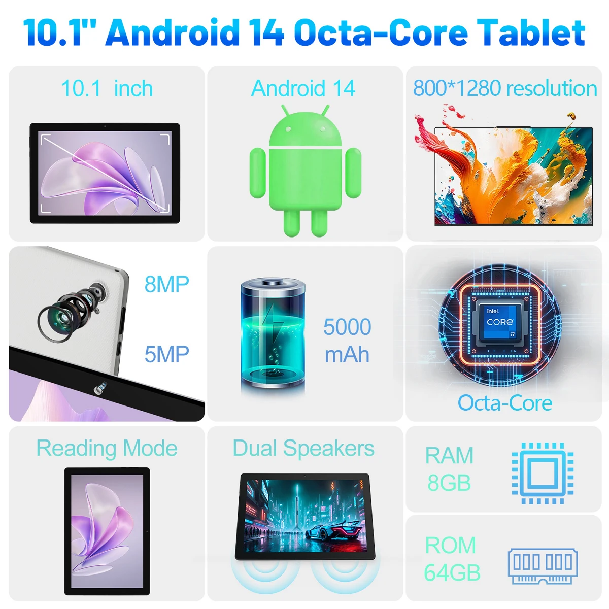 URAO C10 Tablet Android 14 da 10,1 pollici Phablet 8 GB (3 + 5) RAM 64 GB ROM (1 TB TF) Widevine L1 HD Octa-Core 2,0 GHz WiFi6 Bluetooth 5.0