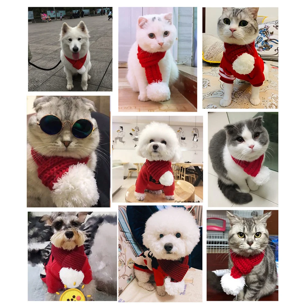

Christmas Pet Scarf Red White Knitted Hair Balls Warmth Dog Accessories Grooming Costume Photo Props Travel Portable Holiday