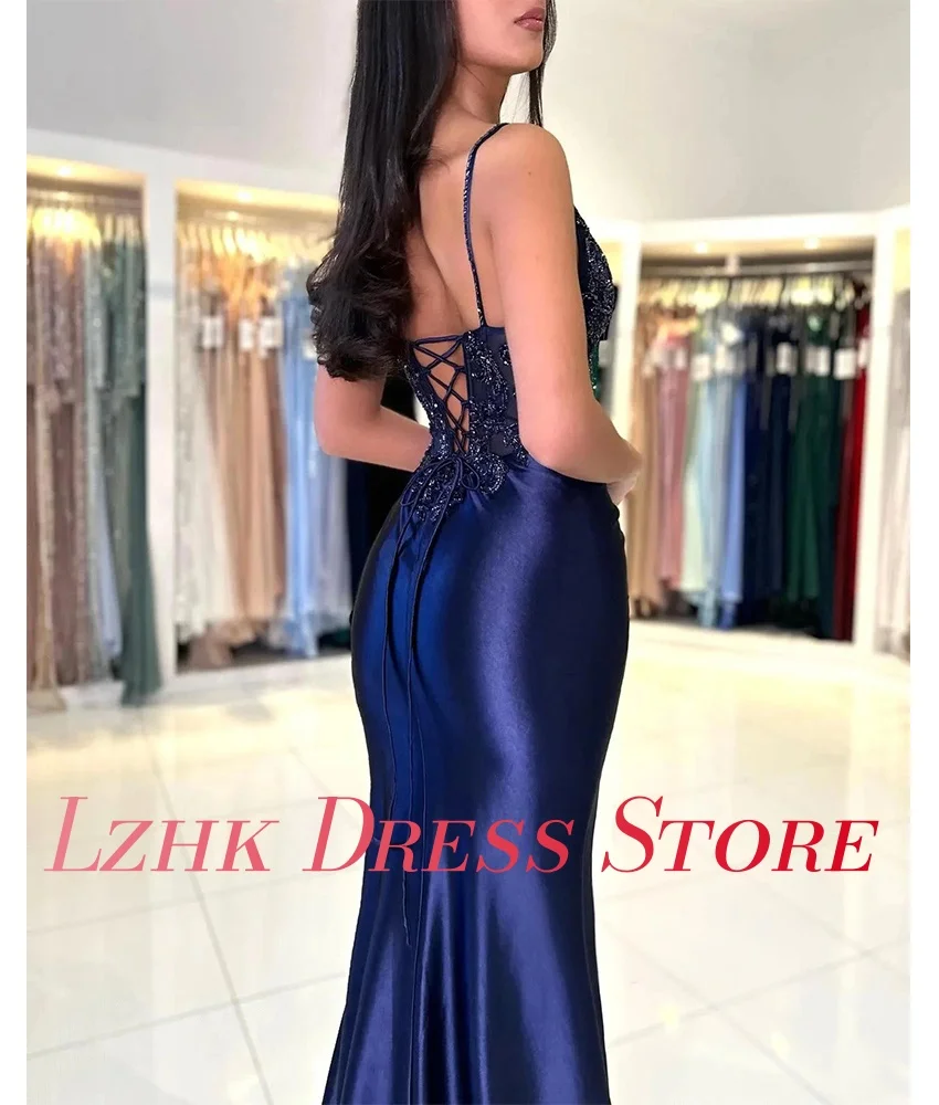 Gaun Malam Tali Spaghetti Berpayet Applique Putri Duyung Satin Indah Kustom Gaun Malam Seksi Tanpa Lengan فساتين سهرة