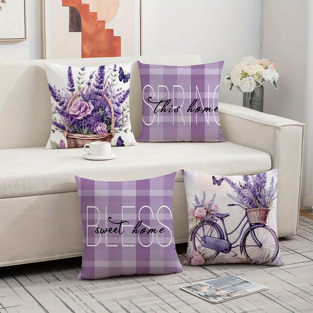 Lilac Check Lavender Pattern Home Decor Pillowcase Living Room Sofa Polyester Cushion Cover with Zipper