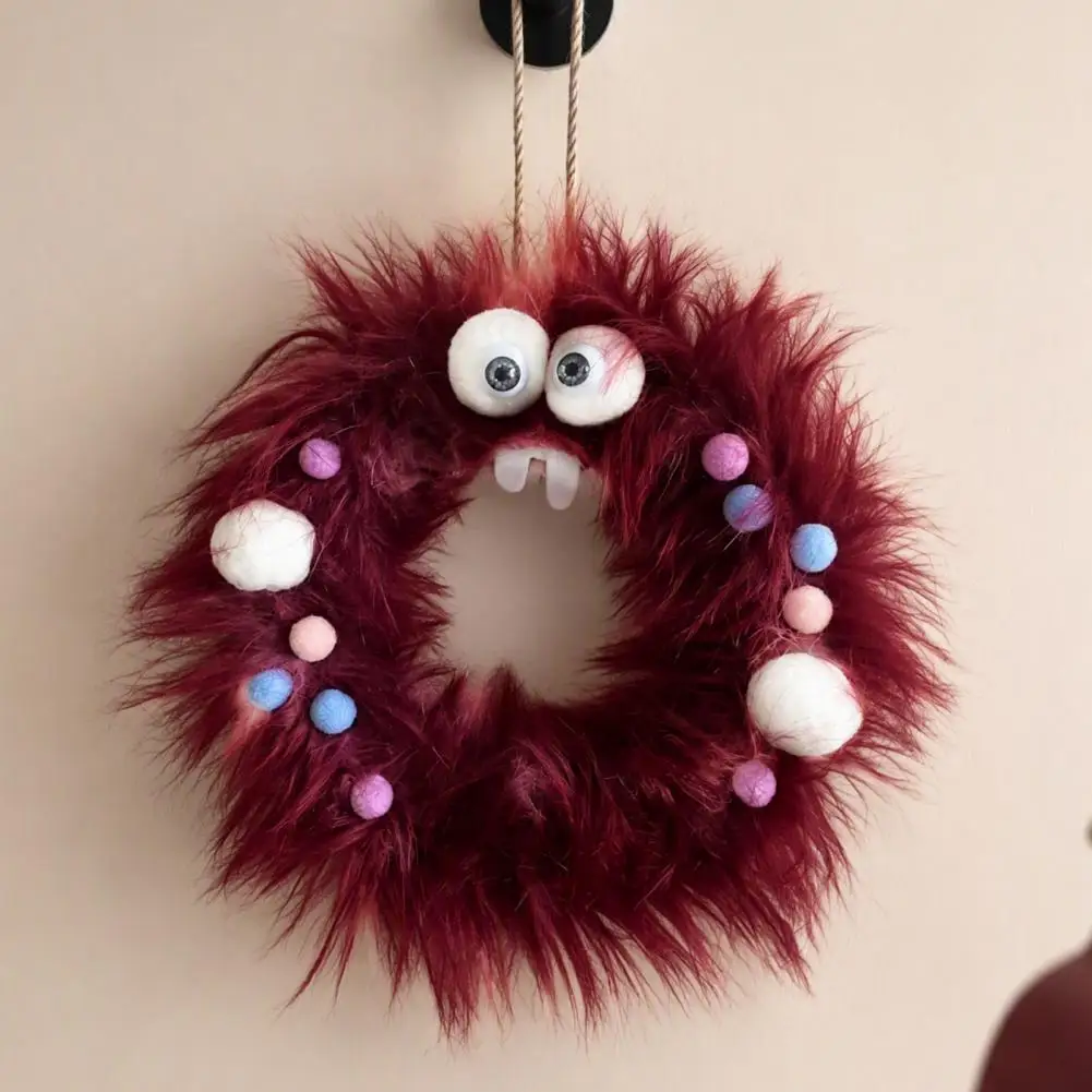 Outdoor Halloween Decorations Spooky Party Door Hangers Halloween Fluffy Spider Wreath for Front Door Cute Furry Pom Pom Decor