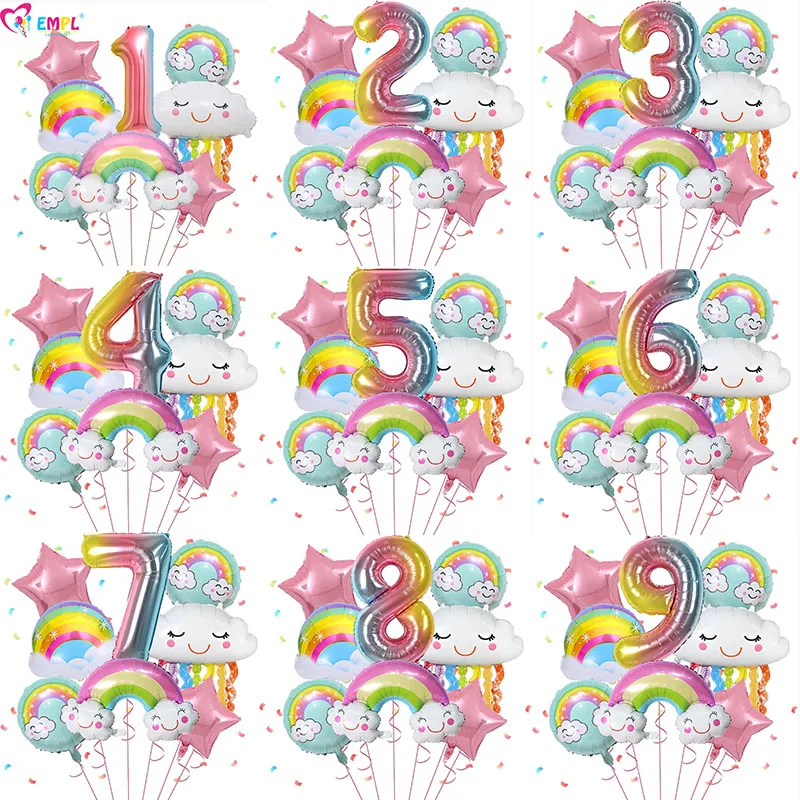 10 Pcs Rainbow Cloud Balloons Set 32inch Digit 1-9 Years Old Kids Birthday Party Decorations Baby Shower Wedding Foil Balloons