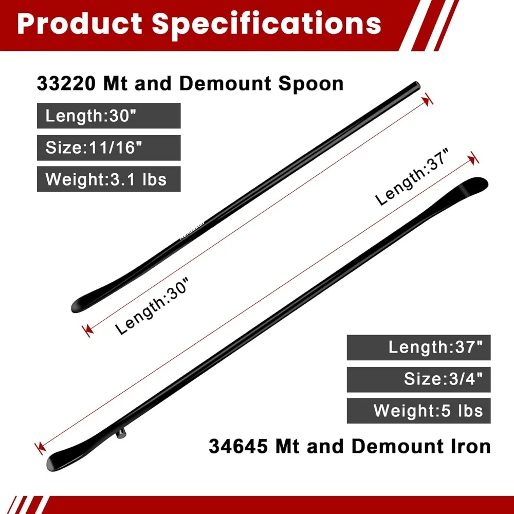 

2PCS Tire Bar, 34645 Tire Mount and Demount Iron 37In, 3/4 in | 33220 Mt and Demount Spoon 30 in, 11/16 in