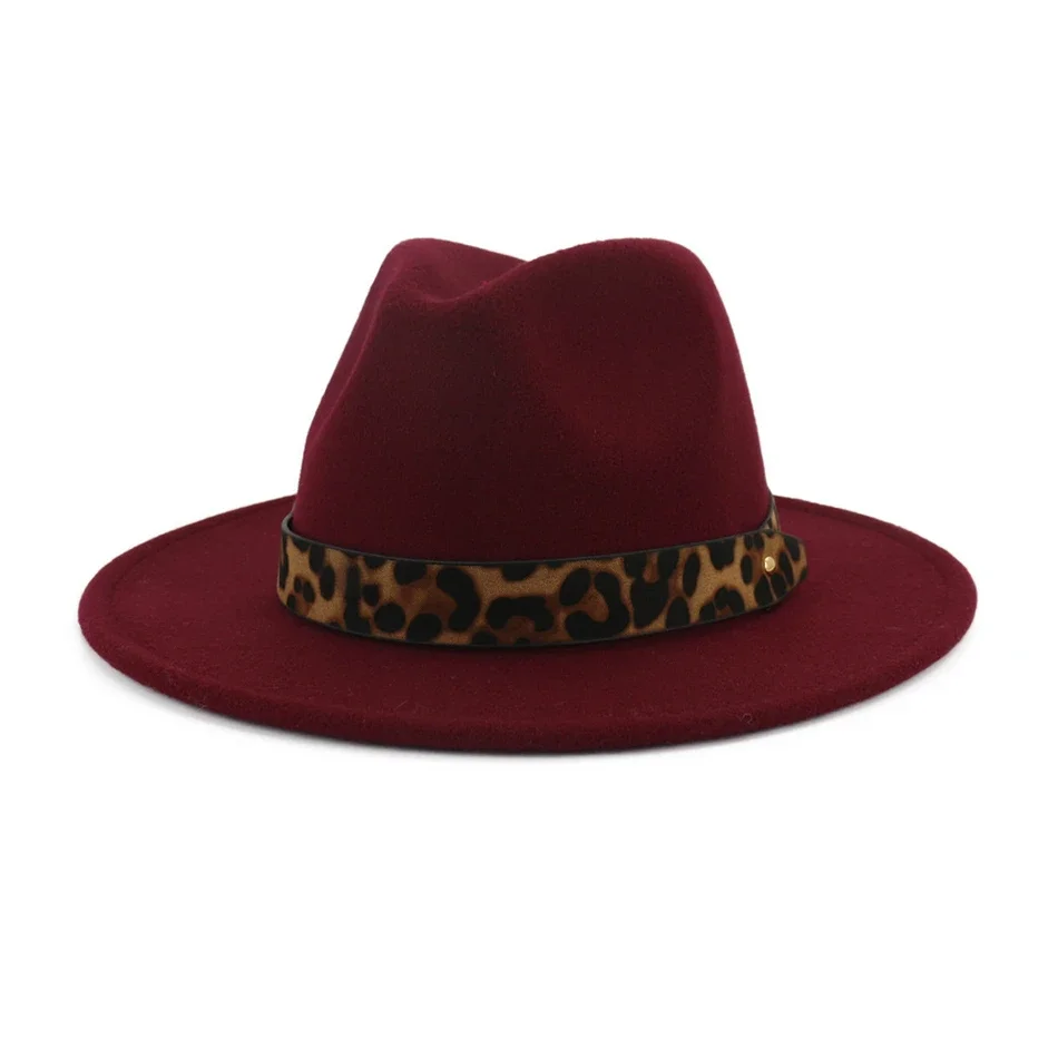 HOAREE sombreros Fedora rojos para mujer ala ancha cinturón de leopardo sombrero Tribby señoras gorra de Jazz de lana mujer invierno sombrero de moda Vintage