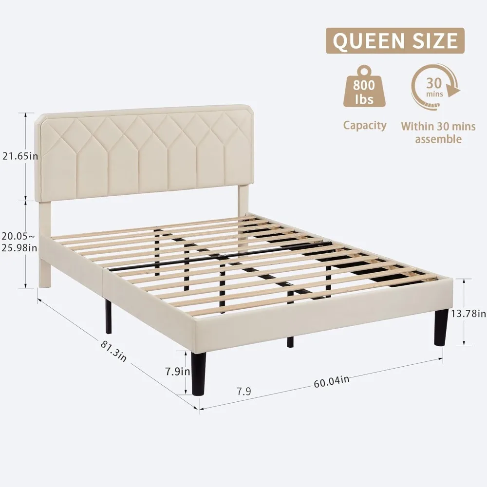 إطار سرير VECELO بحجم كوين، منصة منجدة مخملية ممتازة مع لوح أمامي/مرتبة قابلة للتعديل، خشب متين #2