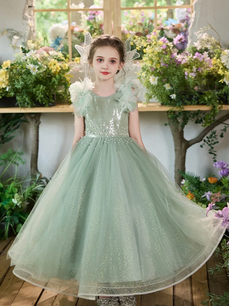 

Elegant Girl's Long Dress with Pearl Decoration Girlsluxurious And Fashion Children's Princess Dress Kid's Performance Costume