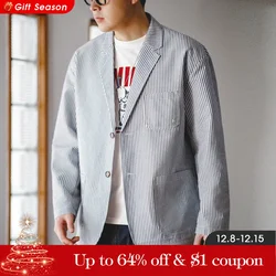 Maden 2024 New Vintage Casual Seersucker Striped Suit Jacket Cityboy Flat Lapel Loose Outwear for Men's Spring And Autumn