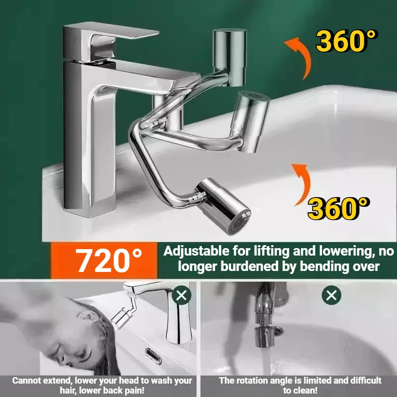 Dual gear stainless steel U-shaped 360 ° faucet extender, rotatable faucet, splash proof kitchen and bathroom faucet extender