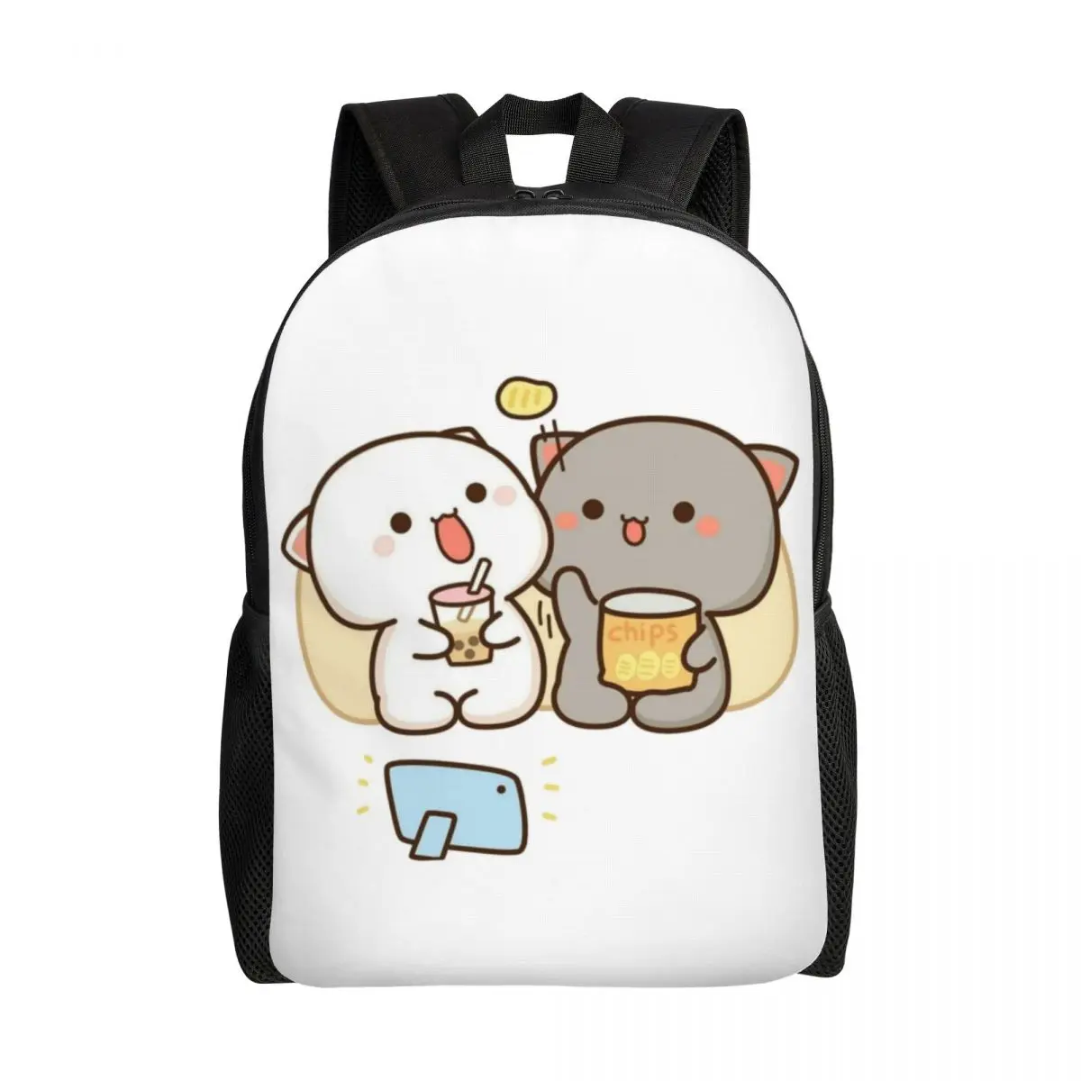 

Peach And Goma Mochi Cat Eating Chips Travel Backpack Men Women School Computer Bookbag College Student Daypack Bags