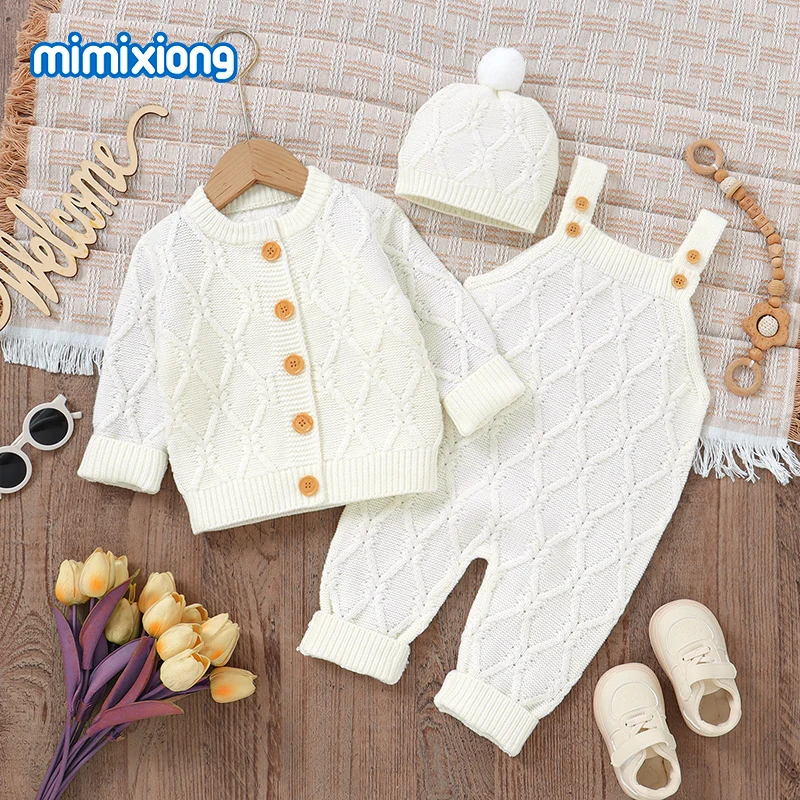 3pcs Set Baby Clothes Winter Solid White Long Sleeve Knitted Sweaters Cardigans Tops+Romeprs+Hats Infant Boys Girls Outfit 0-18m