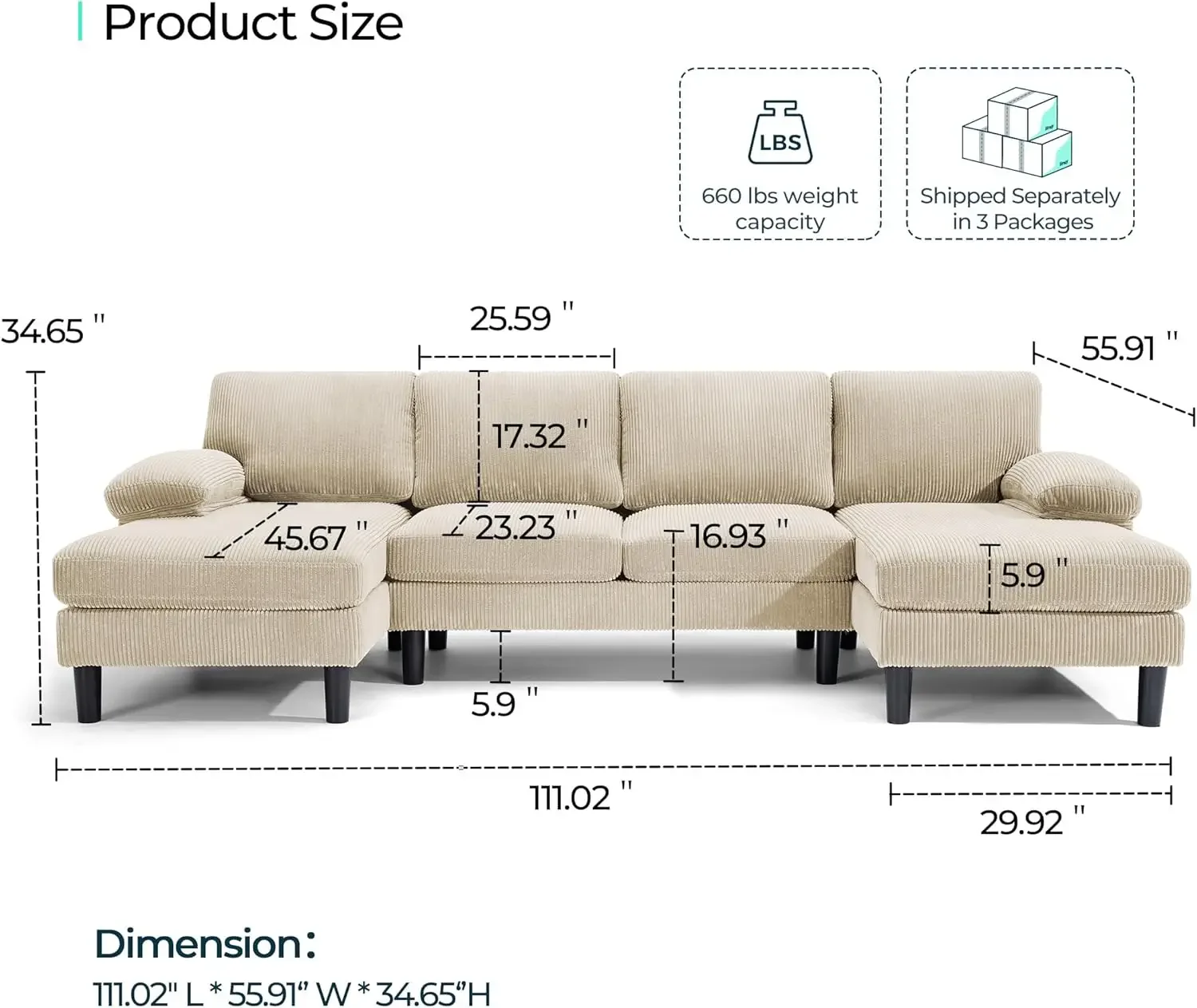 Convertible Sectional Couch, Corduroy U-Shaped Sofa Couch with Double Chaises and Sleepable Armrests, 4-Seat Deep Sofa Set