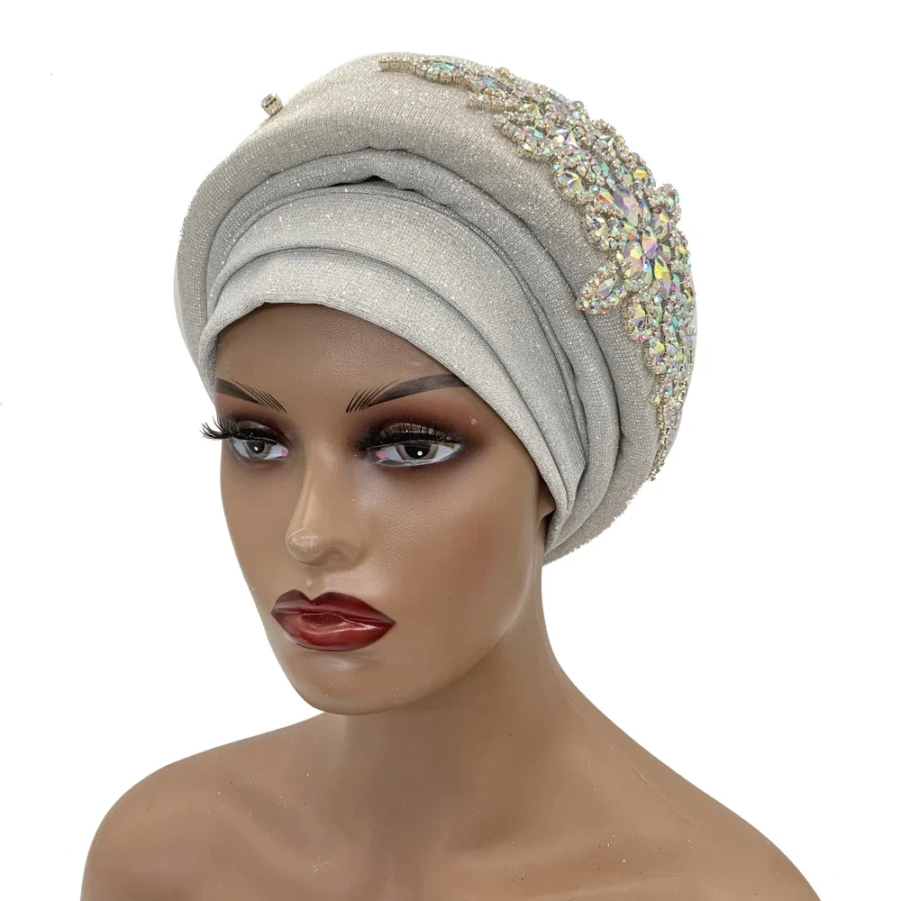 Luxury Women\'s Rhinestone African Headtie Turban Cap Female Head Wraps Nigeria Auto Gele Headgear Hijab Bonnet Turbante Mujer