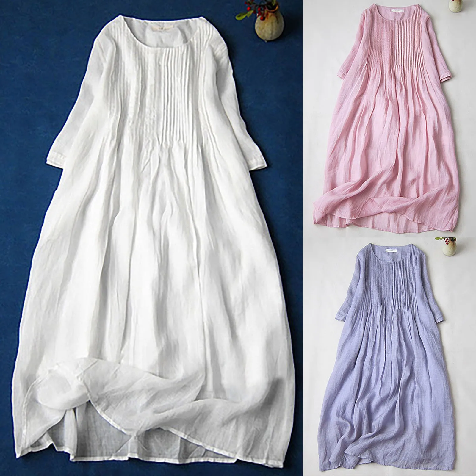 White Cotton Linen Dresses for Women 2024 Summer Loose Boho Holiday Dresses Women's Round Neck Casual Pleated Dress Sundress