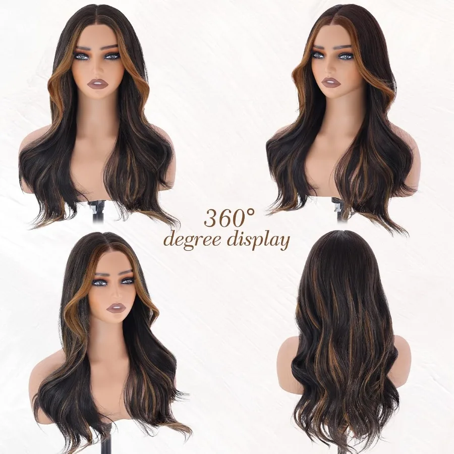 بني داكن مع تسليط الضوء على باروكات صناعية بدون صمغ بدانتيل أمامي للنساء 13 × 4 نمط شعر مموج مسبق القطع مثالي للاستخدام اليومي