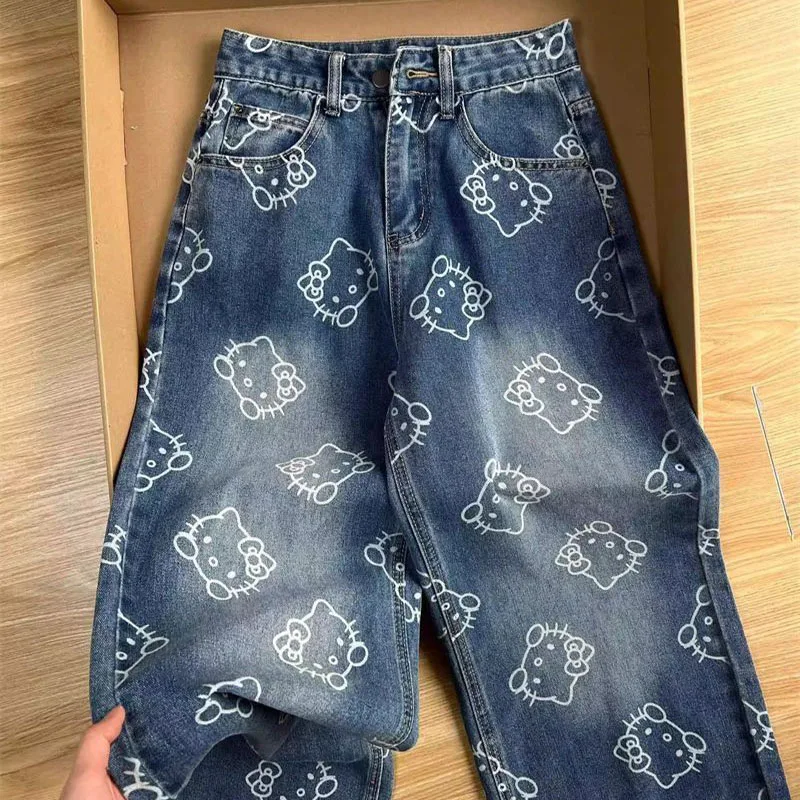 Kawaii Women Hello Kittys Printed Jeans Y2K Girls Cartoon Denim Pant Fashion High Waist Wide Leg Pant Teenager Casual Trousers - Image 5