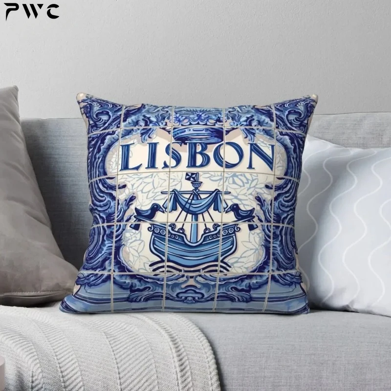 Portugal Lisbon Lisboa Azulejo Tiles Square Pillowcase Polyester Linen Velvet Creative Zip Decor Bed Cushion Cover