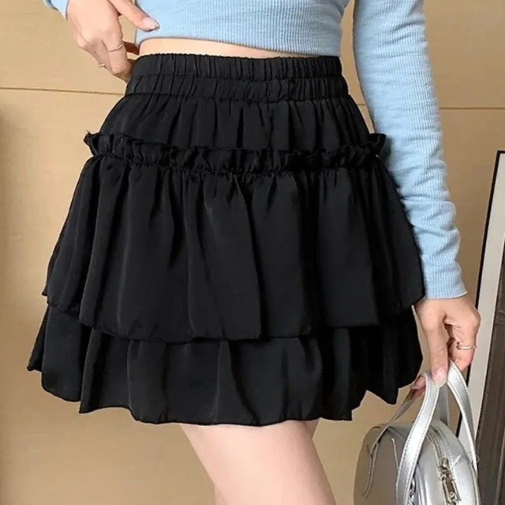 Jupe trapèze plissée de Style doux, décontractée, élégante, coupe basique, à volants, taille haute, jupe à plusieurs niveaux polyvalente, Date de nuit