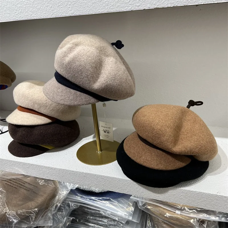 

High-grade Wool Hat Tweed Octagonal Cap women's Newsboy Cap Playful Clash Colours Jojo Retro Literary Pumpkin Hat