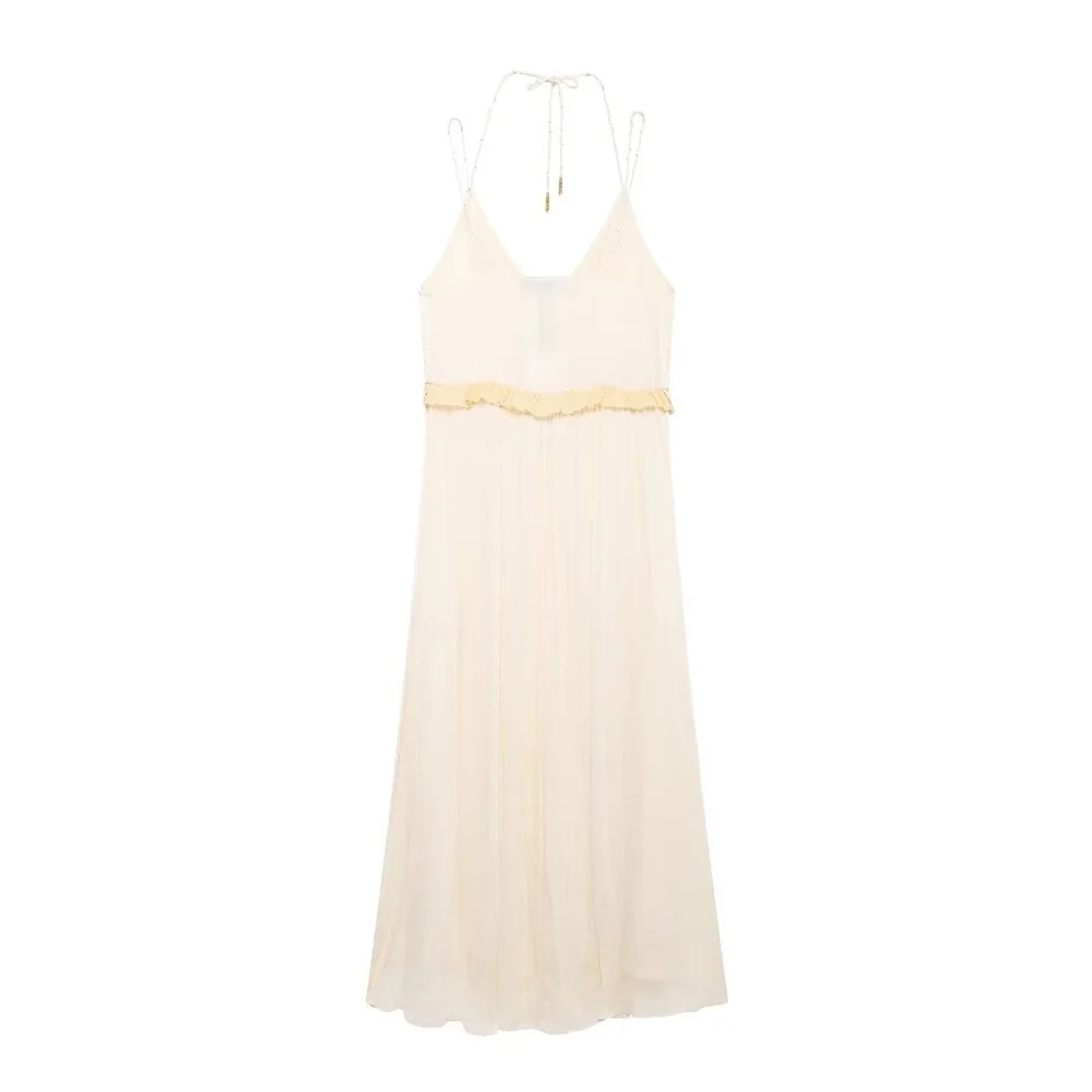 Outono novo estilo europeu e americano pendurado pescoço colarinho contrastante saia longa em camadas emenda vestido midi