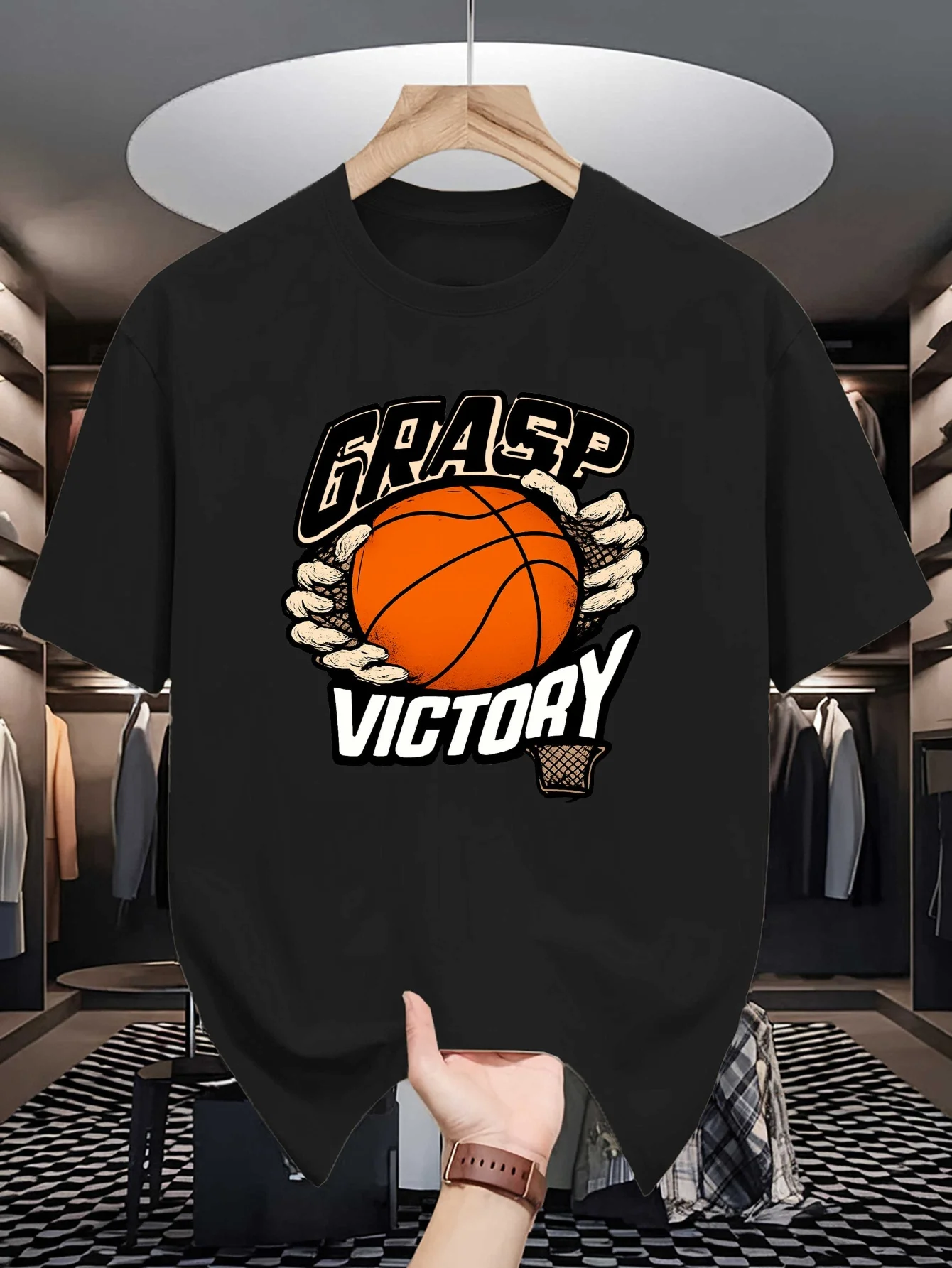 Grasp Victory Print Mens Crew Neck T Shirt Skeleton Grab Basketball Sport Graphic Short Sleeve Casual Cotton Summer Street Tees