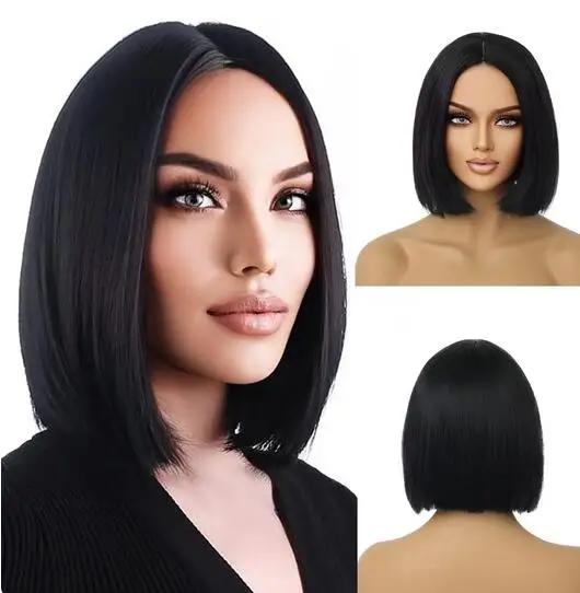 

Black Wig Short Straight Midsection Realistic Hair Wig Women's Side Role Play Heat-Resistant Natural Synthetic Fiber Wig