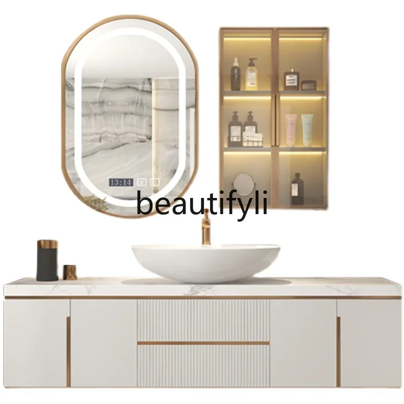 

American light luxury bathroom cabinet combination solid wood washstand basin toilet washstand rock slab bathroom
