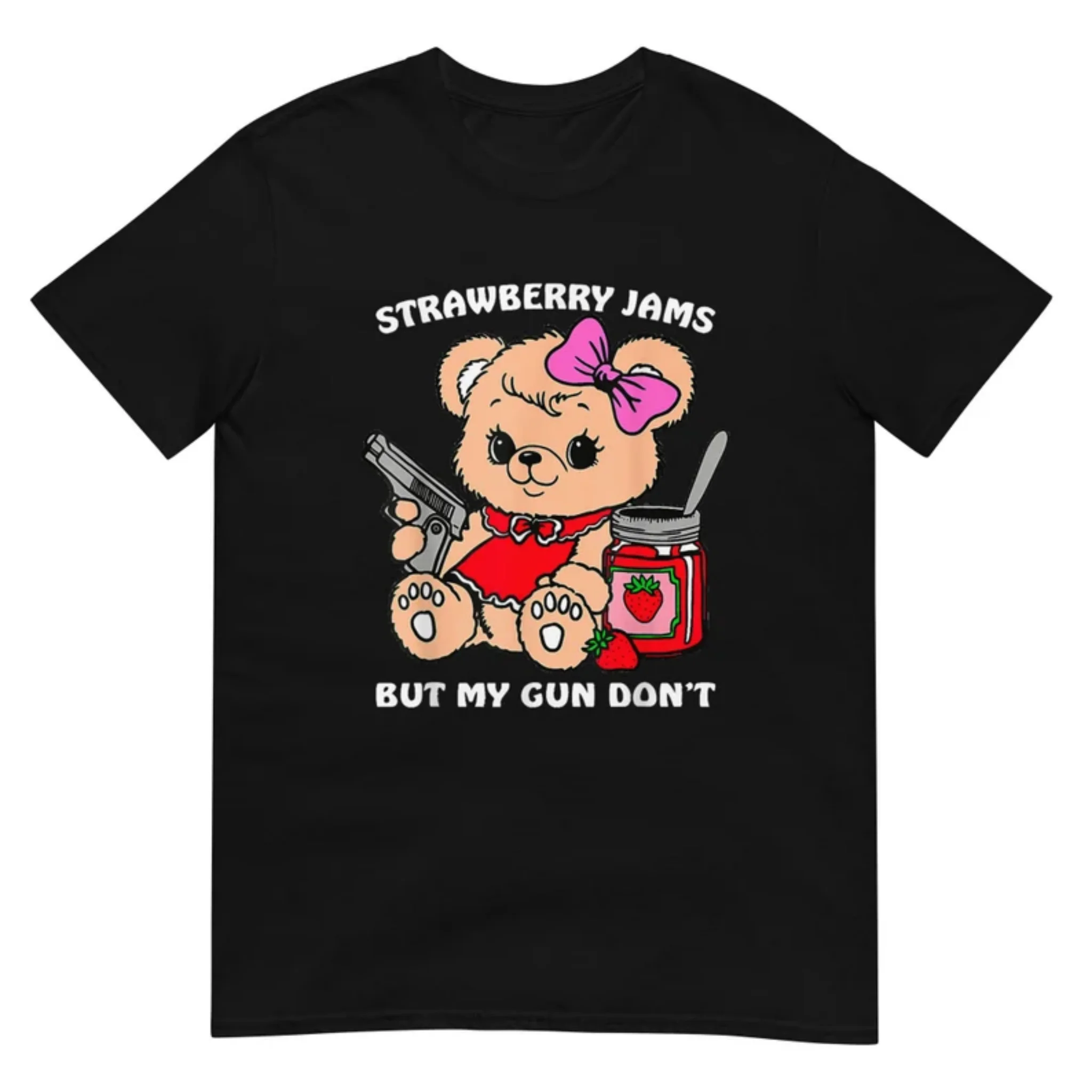 Women Short Sleeve T Shirt Strawberry Jams But My Gun Don’t Cute Pink Bow Teddy Bear Pistol Contrast Graphic Tee