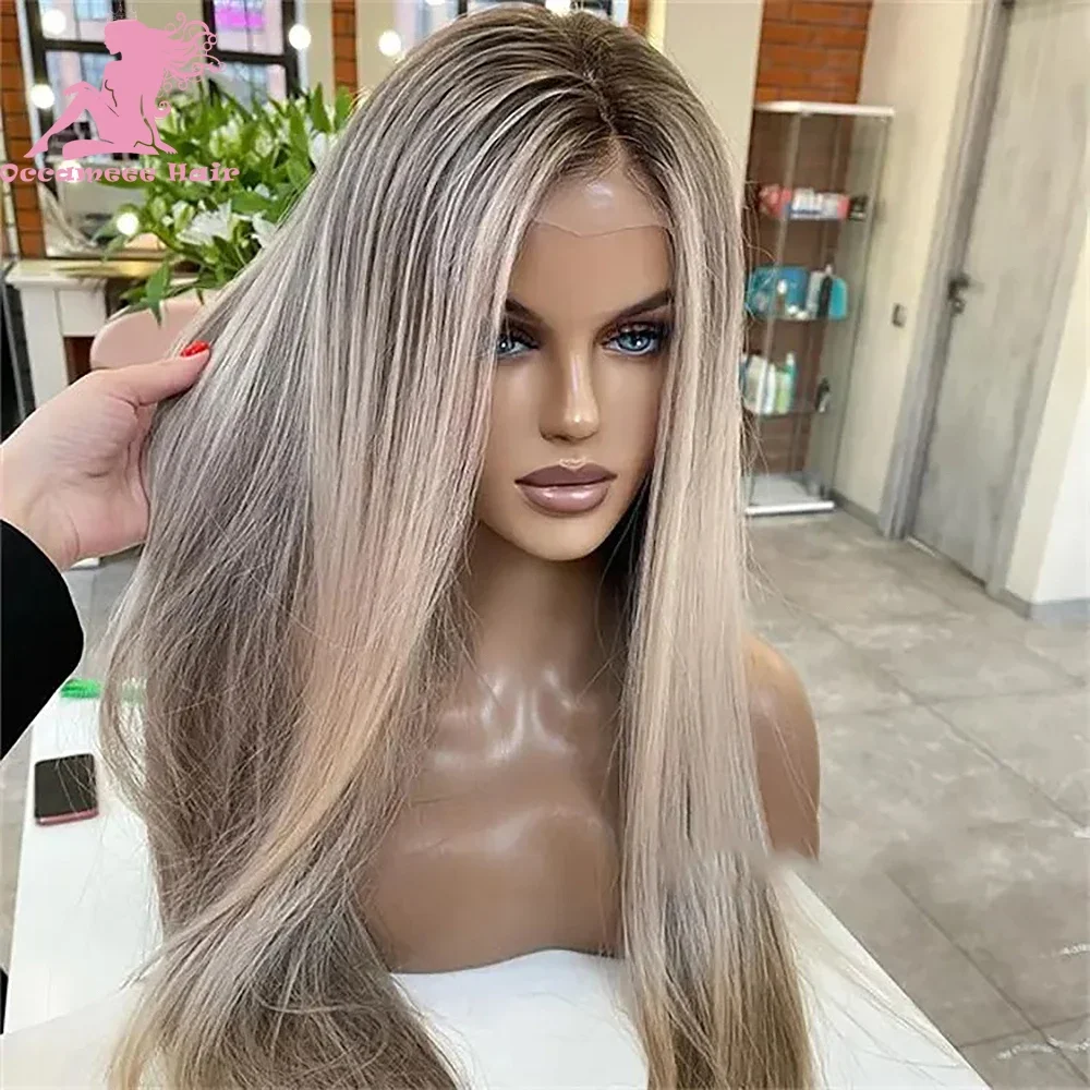 100% Echthaar Perücken gerade brasilia nische Haar Spitze Front Perücken Asche blond Highlight braun natürlichen Haaransatz dunkle Wurzel volle Jungfrau h