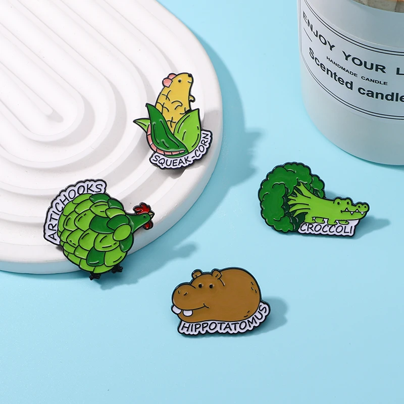 Broches en émail pour animaux, épingles à thème, épingles mignonnes, maïs, souris, pomme de terre, hippopotame, brocoli, crocodile, coq, déclaration, vente en gros