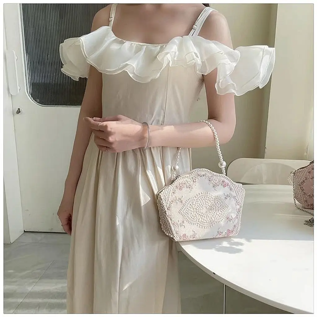 JIAERDI Lolita Sweet Lace Hand Bag Purse Women Vintage Fairycore Aesthetic Pearl Messenger Bag Female Harajuku Crossbody Bags