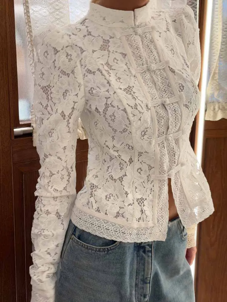 

BKQU Sexy Hollow Out Lace Shirts Women Single Breasted O Neck Long Sleeve Vintage Elegant See-Through Blouse Top 2025 Autumn New