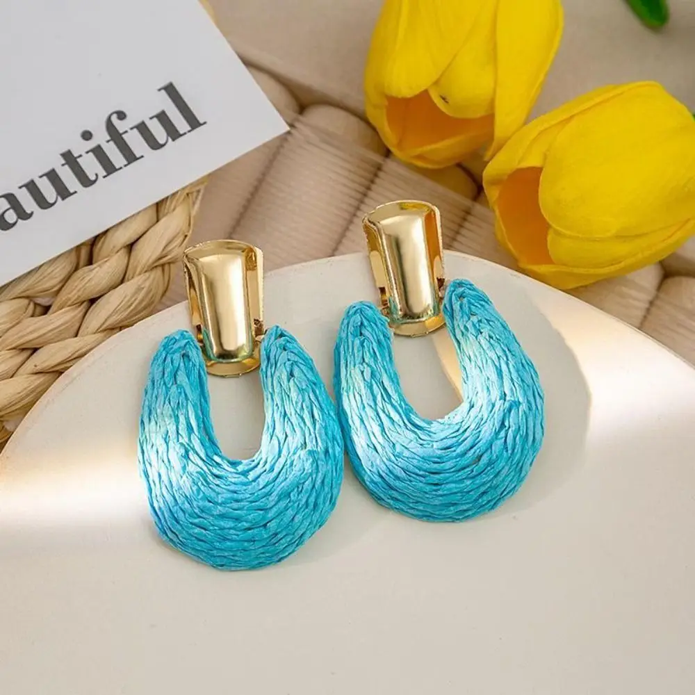 Scalloped Earrings Woven Raffia Earrings Colorful Exaggerate Ethnic Style Earring Casual Retro Hollow Round Earrings Holiday