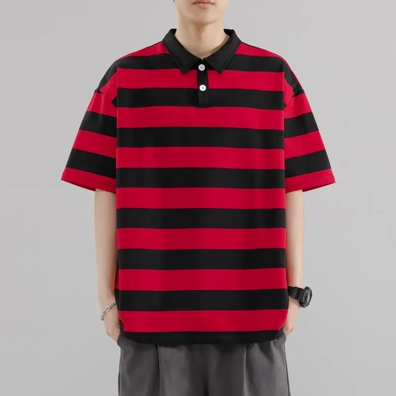 LIBIELIY Summer Short Sleeve Striped Polos Shirts Men Anti-Wrink Turn Down Collar Casual Polos Male Sports Tees Couple Tops Stre