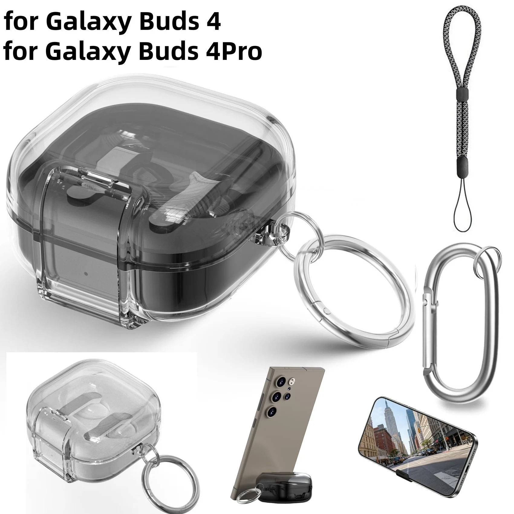 Phone Holder Case for Samsung Galaxy Buds 4/Buds 4 Pro TPU+PC Protective Cover with Keychain & Lanyard For Samsung Galaxy Buds 4