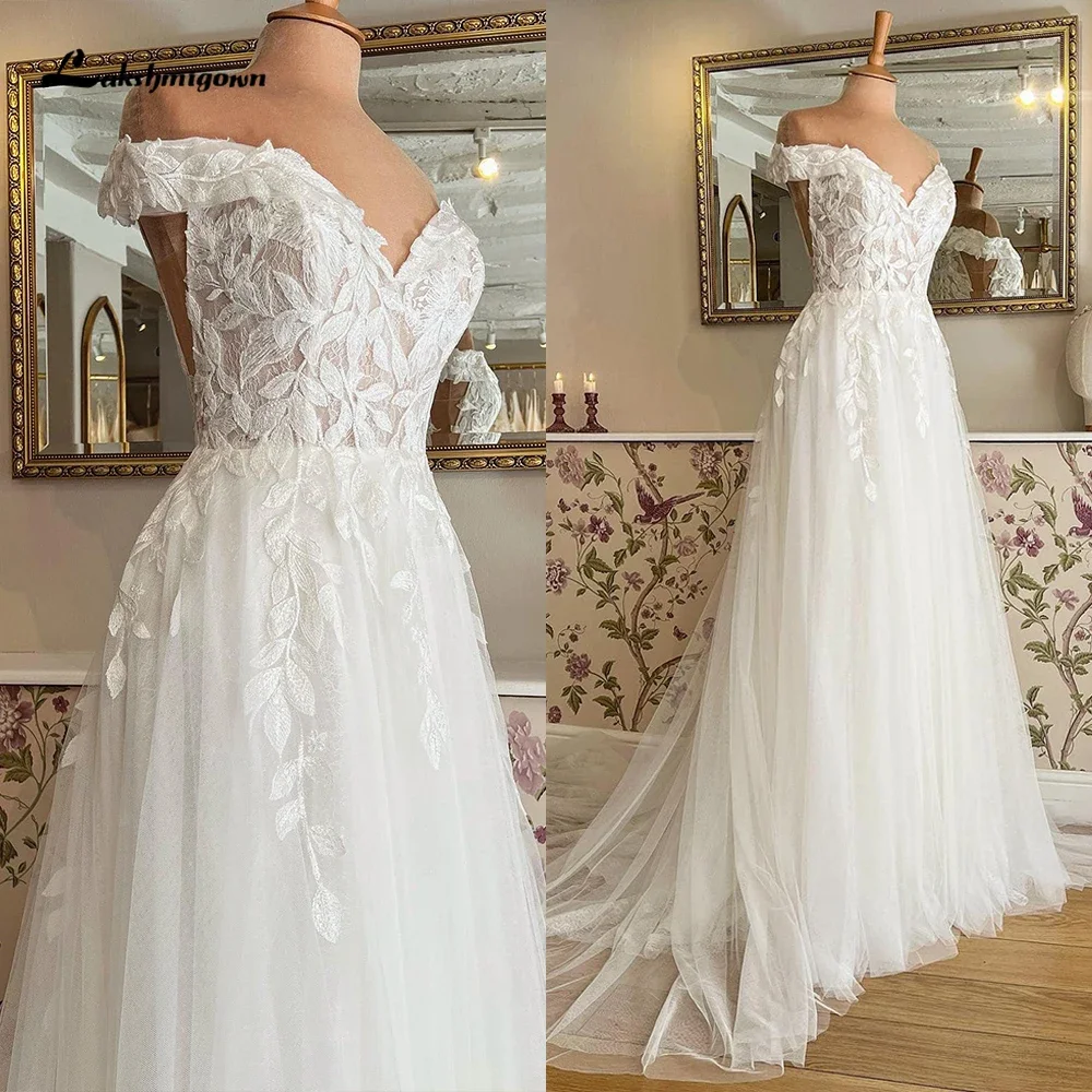 Boho A Line Wedding Dresses 2025 Sexy Sweetheart Short Off the Shoulder Lace Appliques For Women Tulle Bridal Gown Sweep Vestido