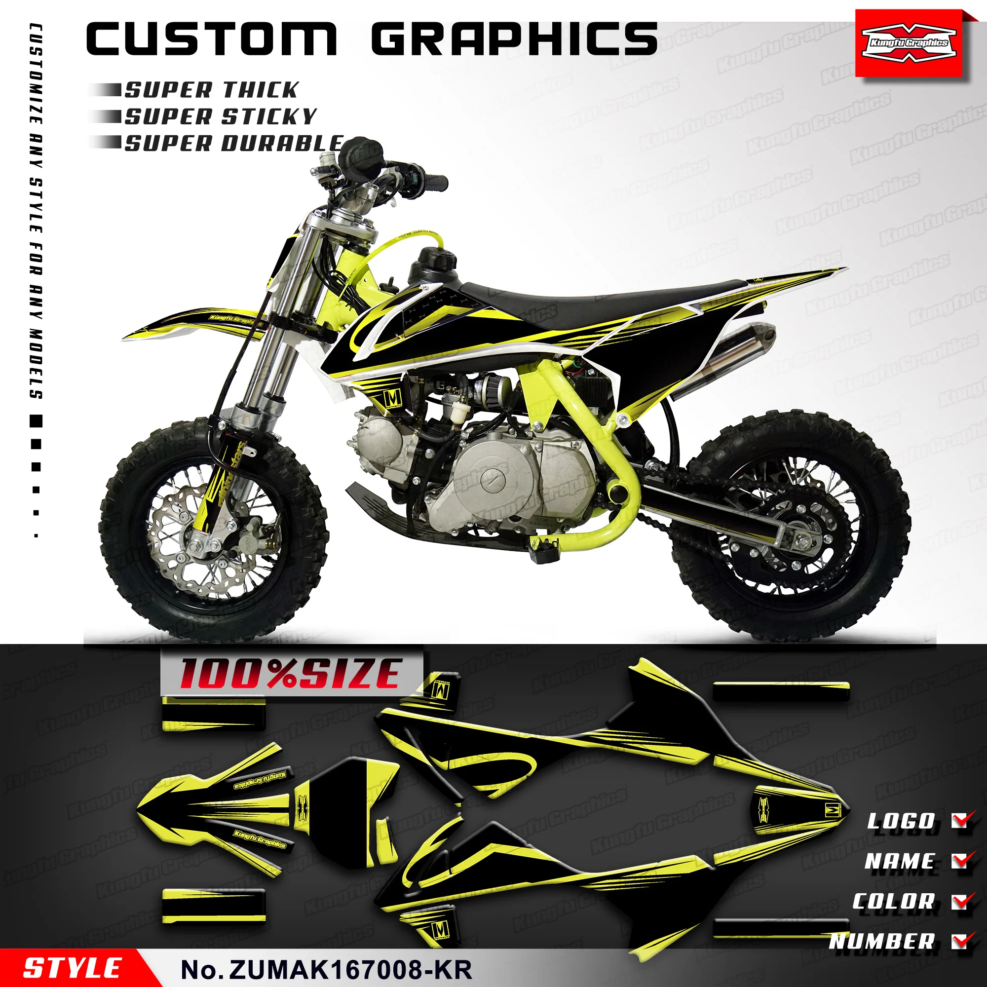 KUNGFU GRAPHICS Kids Mini Dirt Bike Graphics Kit Vinyl Sticker for ZUUMAV K1 50 60 70, Restyle, ZUMAK167008-KR