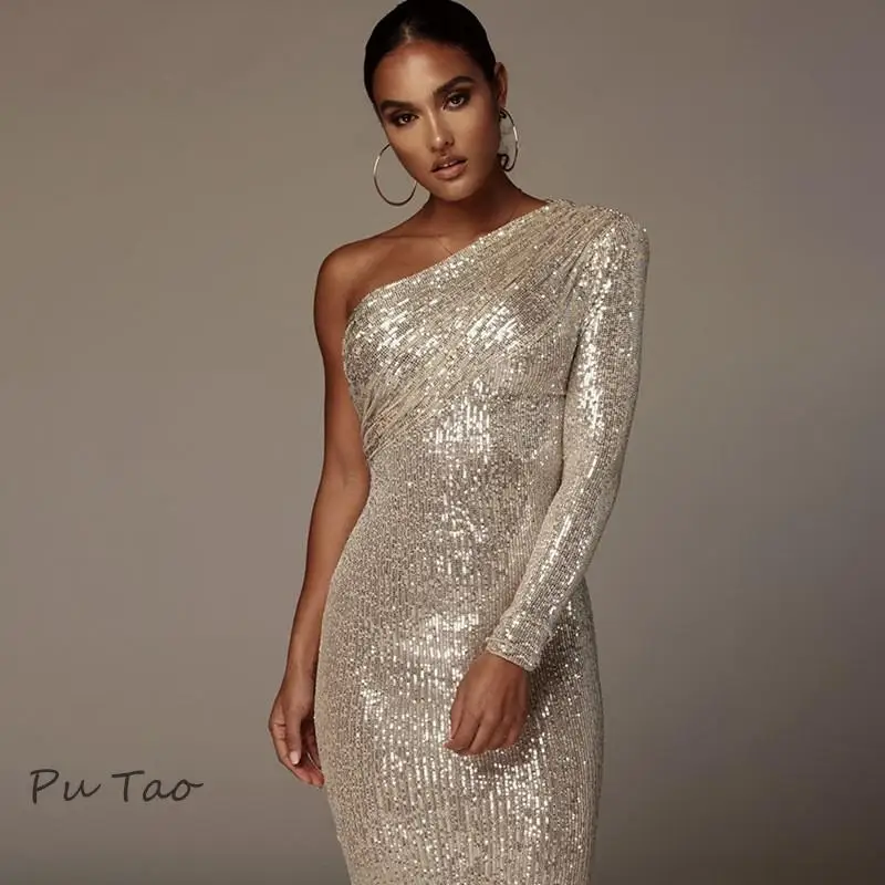 

PuTao Sexy One Shoulder Prom Dress Sequins Women Sparkle Glitzy Sequins Dress Mesh Patchwork Celebrity Christmas Party Vestidos