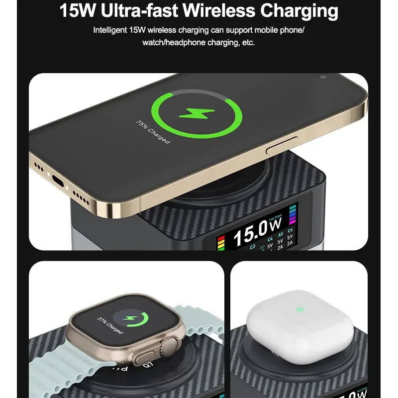 

RELIFE Q7 6-портовое интеллектуальное зарядное устройство мощностью 80 Вт, цветной экран HD большого размера, интеллектуальное распределение энергии для электронных устройств