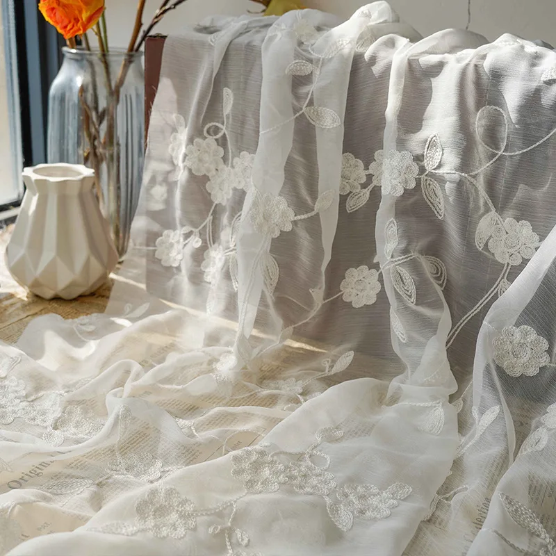 

New white branch and leaf flower embroidery chiffon fabric for wedding dress designer fabric tulle fabric by meter
