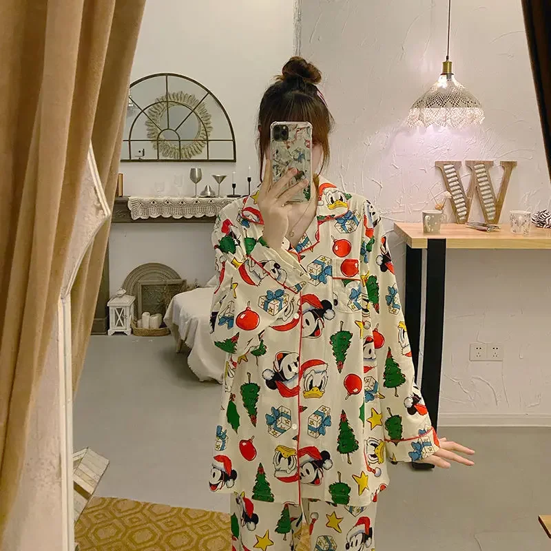 Disney Christmas Mickey Pajamas 2 Piece Set Women Long Sleeve Top Shirts Loose Trousers Sleepwear Cartoon Trend Home ClothesGift