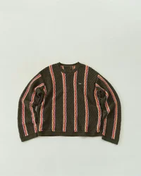 Patta Olive green round neck loose striped  sweater men's striped knit sweater