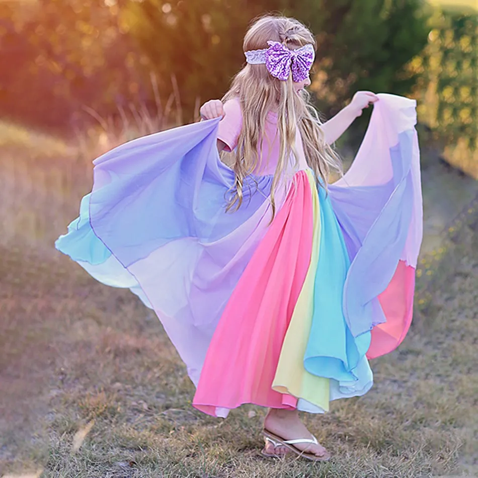 1 2 3 4 5 6 7 8 Years Rainbow Girl Summer Dress Kids Colorful Swing Flared Dresses Children Birthday Party Pink Clothes for Kids