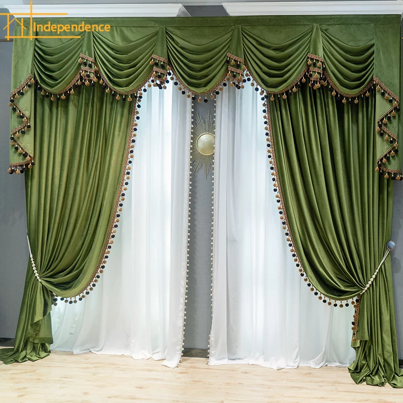 American Retro Dark Green Velvet Curtains for Living Room Bedroom French Window Customized Villa Finished Product Valance