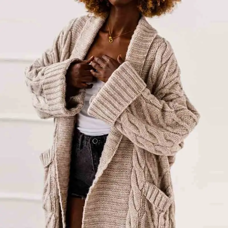 

Autumn Fashion Hight Street Solid Color Jackets Casual Long Sleeve Loose Cardigan Women's Elegant V-neck Twisted Long Outercoat