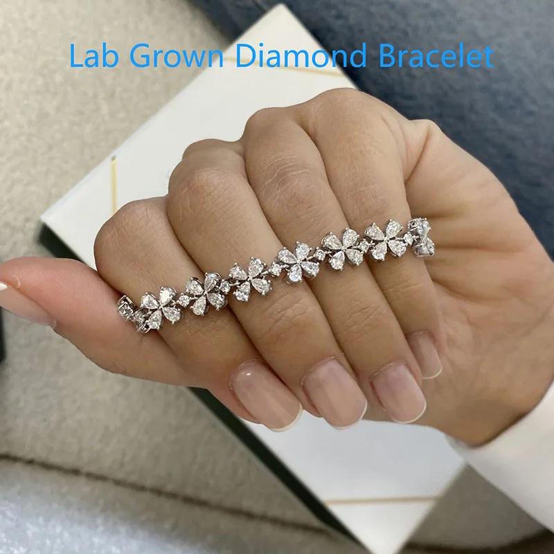 

Платиновый 950 HPHT Lab Grown Diamond DEF VS-VVS Браслет Груша и круглый кластерный набор 6,3 карата 6 дюймов Свадебный браслет для женщин
