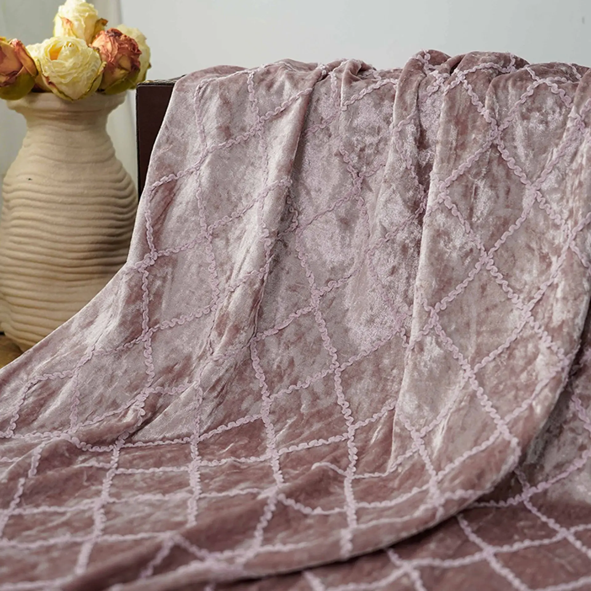 

New autumn winter solid color 3D embroidered diamond pattern stretch velvet fabric with drape embroidered decor for sewing