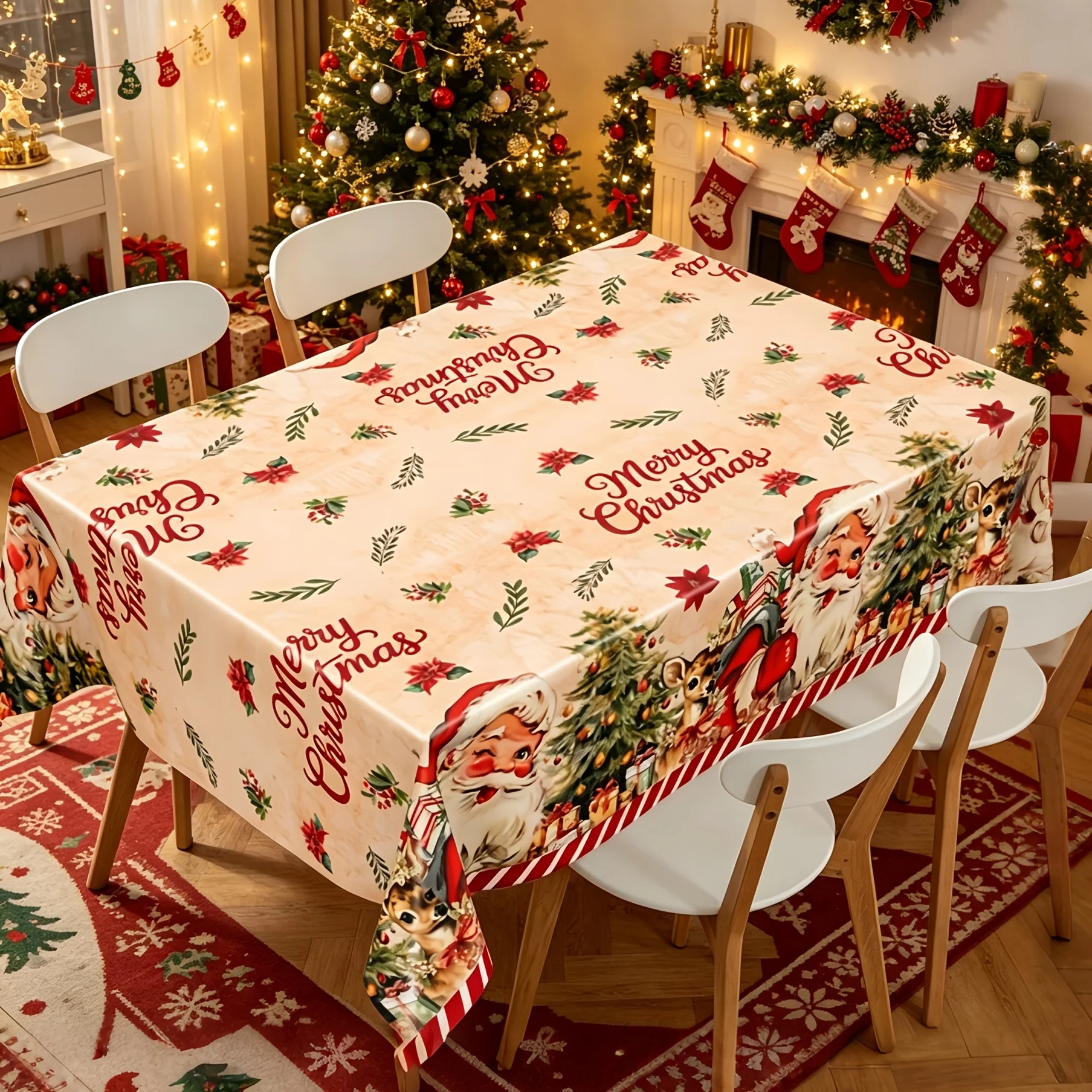 Christmas Santa Pine Needle Rectangle Table Cloth Kitchen Dining Table Decor Winter Xmas Tablecloth Christmas Party Decorations
