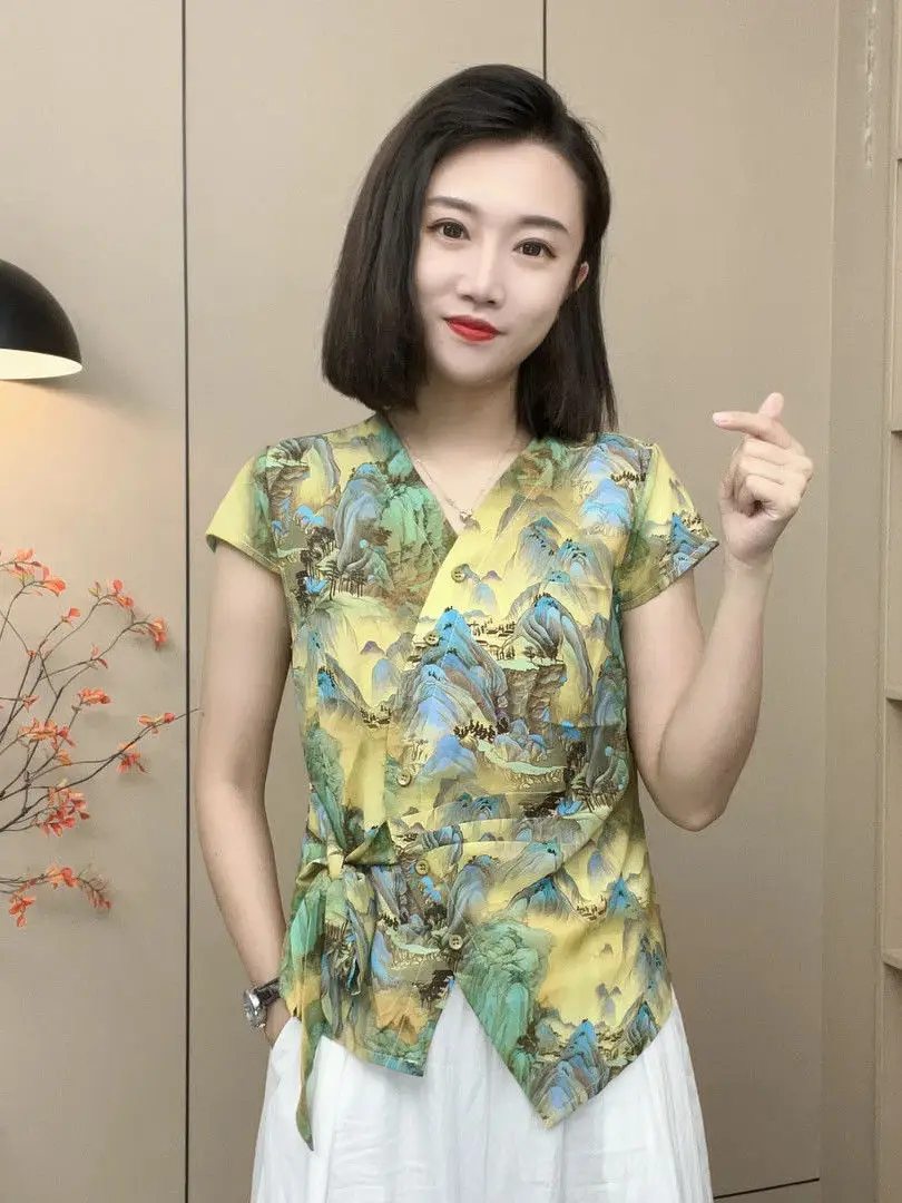 

Ele Faionable irt for Mom Summer 2025 Printed Waist-Cinching Belted Women's Top Commute Sle ort Sve V-Ne